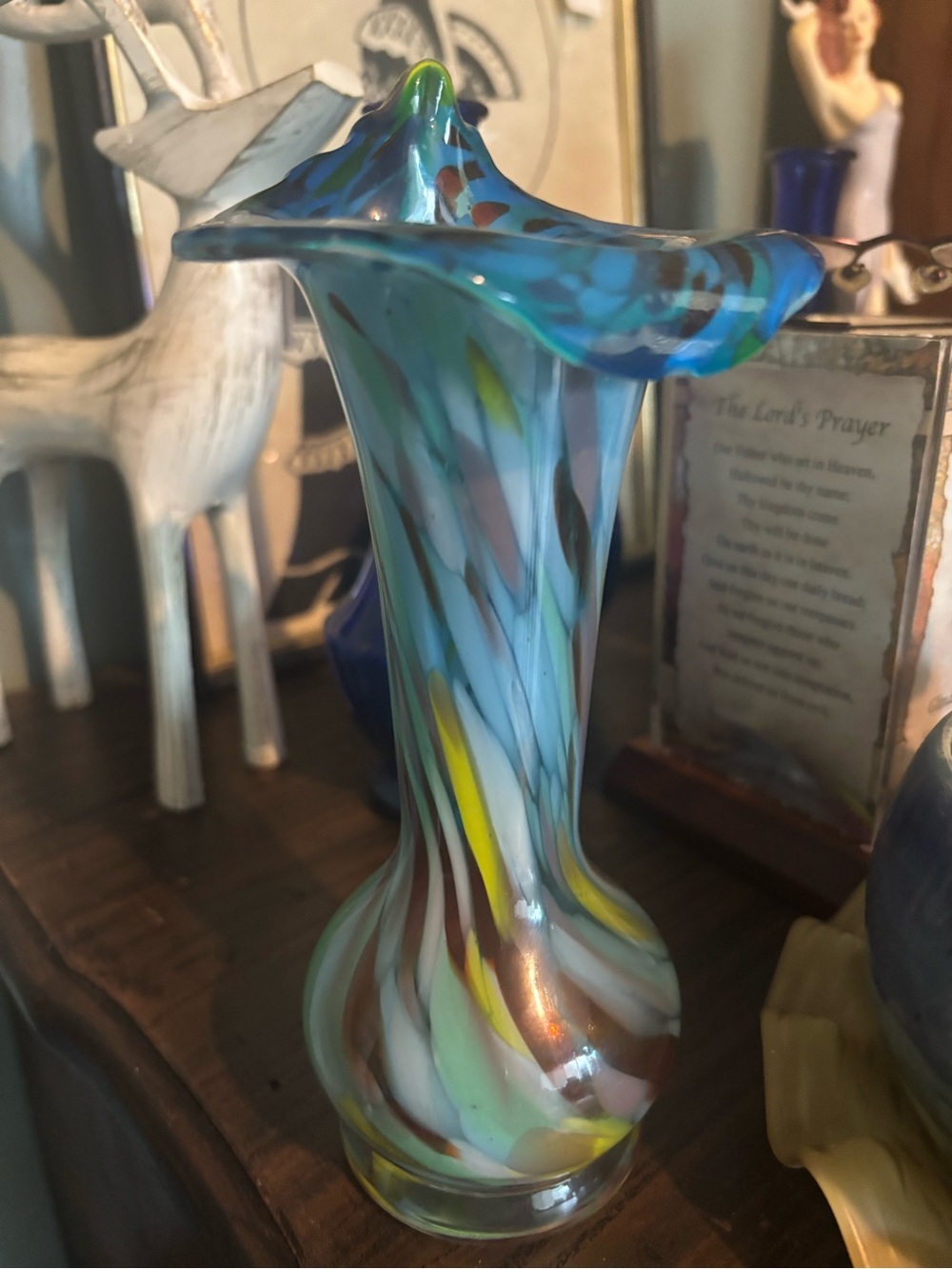 Art Glass Swirl Vase in Blue, Yellow, White